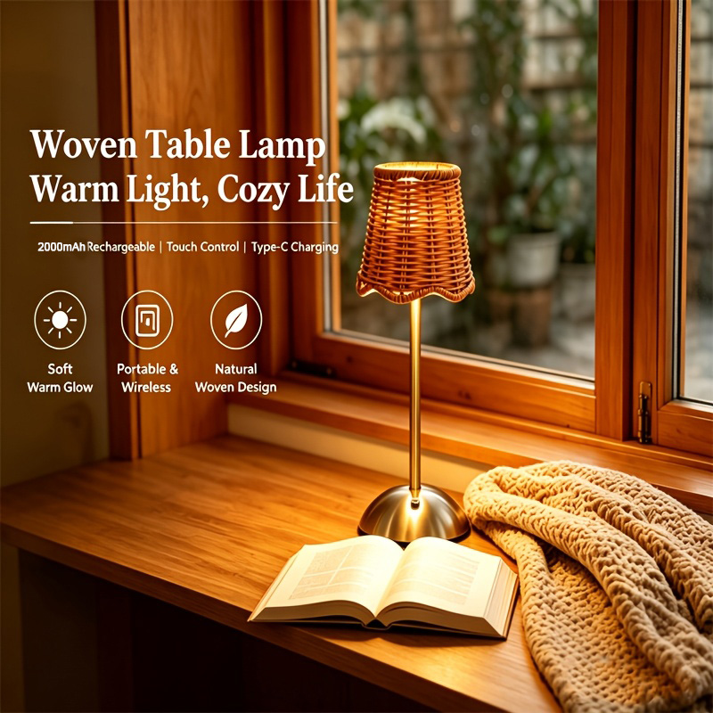 Led Desk Light Usb - Lampu Meja Seni Anyaman Rotan Bohemian,