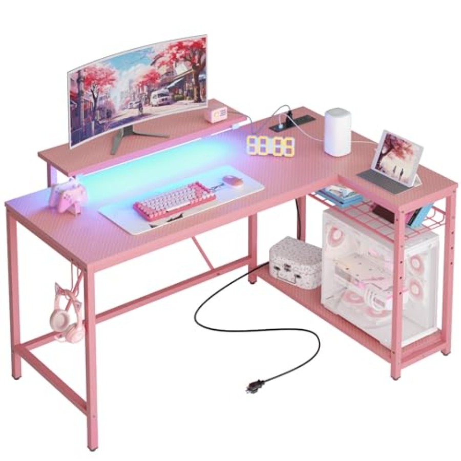 Desk Setup Pink - Meja Gaming Bentuk L dengan Pengisi