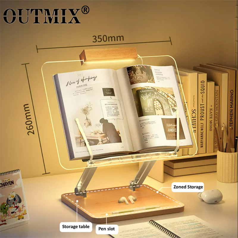 Desk Setup Pink - Stand Baca Kayu dengan Lampu Akrilik